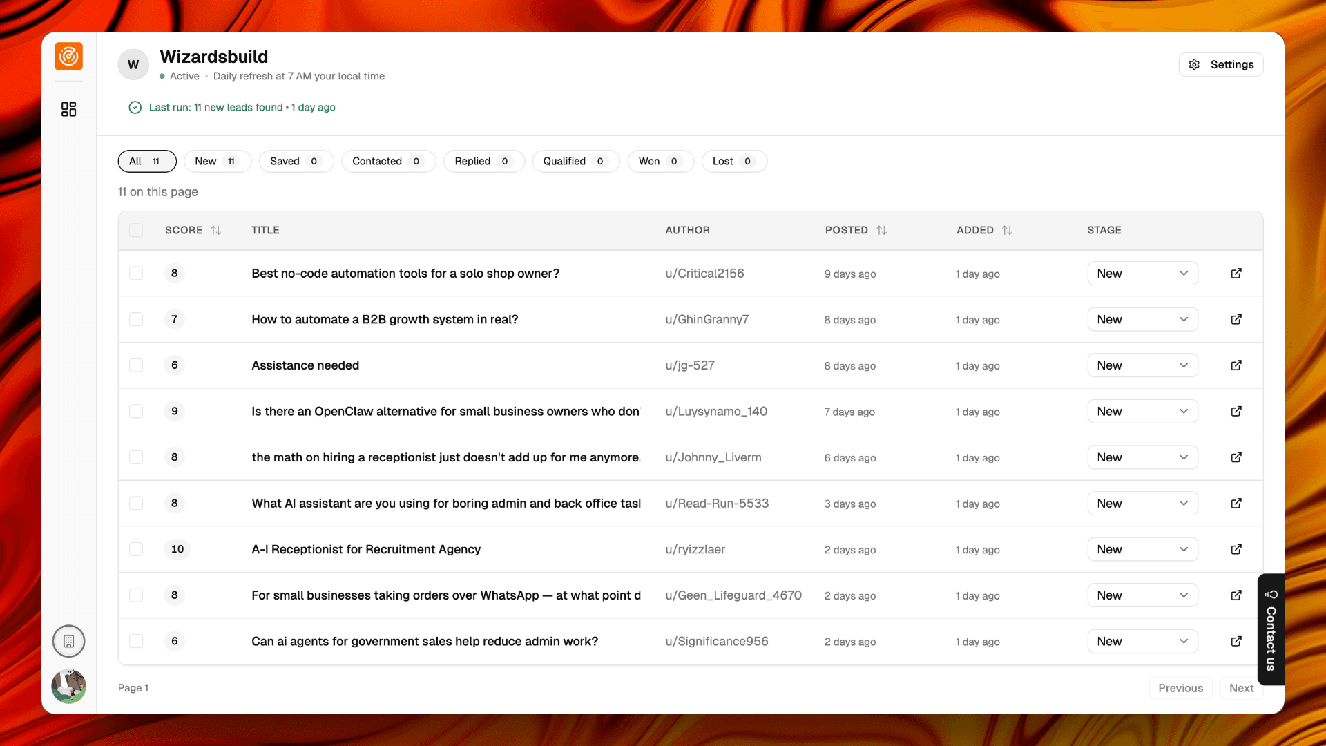 Redclose Reddit lead dashboard with AI-scored prospects and pipeline CRM